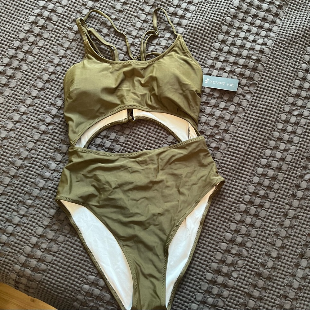NWT Tempt Me Olive Green Cut Out One Piece Swimsuit Padded Back Lace Up Size Med